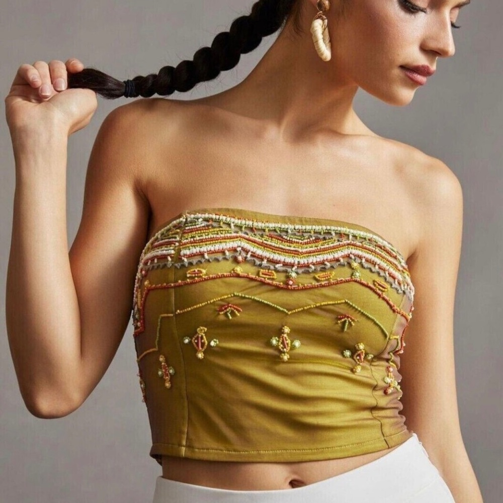 NWT Anthropologie Beaded Tube Top, Green, XL, Petite, Strapless